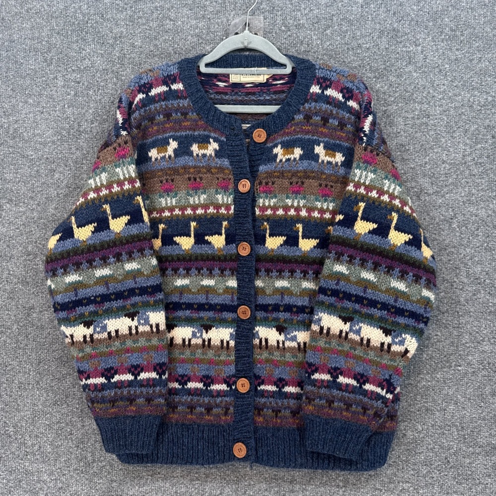 L.L Bean Cardigan Sweater Womens Small Blue Fair Isle Sheep Goose Wool Vintage